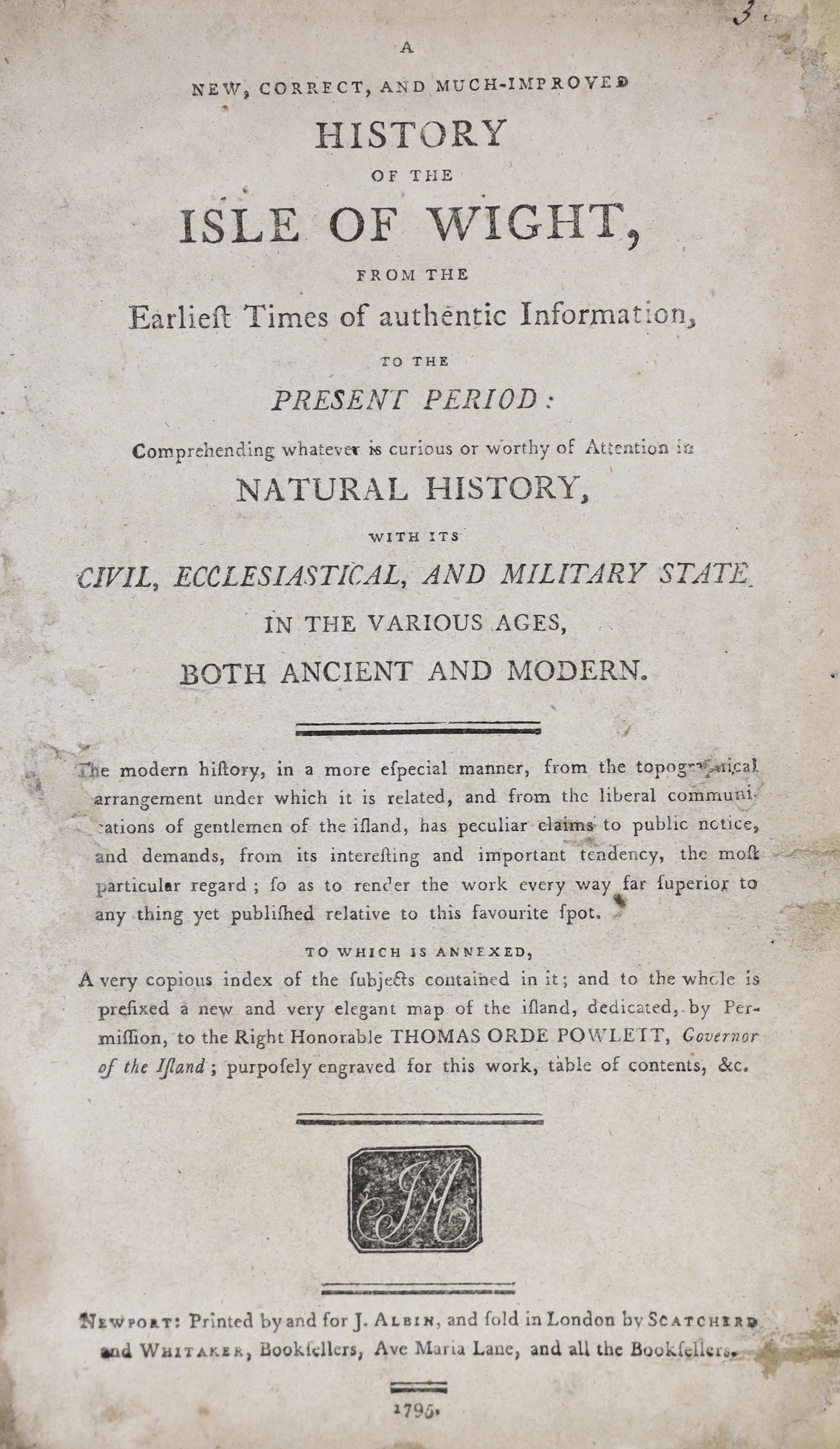 ISLE OF WIGHT: Bullar, John - A Historical and Picturesque Guide to the Isle of Wight. 7th edition. 2 plates; original printed boards, uncut, 12mo. Southampton, 1827; (Albin, John) - A New, Correct, and Much-Improved His